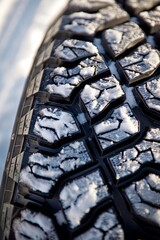 Winter car tire on road covered with snow, close-up