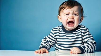 Unhappy and dissatisfied toddler baby isolated on a pink studio background. Crying kid or child showing frustration and negative emotion, hungry and upset, nervous face expression