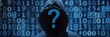 © ai techno concept - faceless man in black hoodie with blue question mark on binary code background, mysterious and anonymous figure, security, data privacy, or Cyber Threat secretive actions.