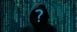 © ai techno concept - faceless man in black hoodie with blue question mark on binary code background, mysterious and anonymous figure, security, data privacy, or Cyber Threat secretive actions.