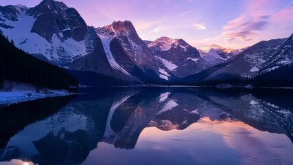 Canvas Print - A glimmering lake nestled a the snowdusted mountains reflecting the changing colors of the dusk sky.