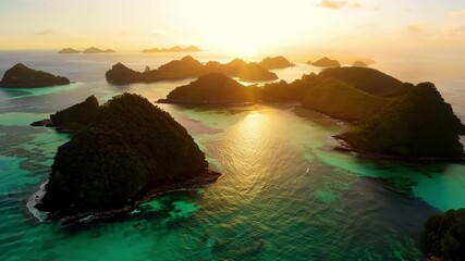 Poster - Aerial view of tropical islands basked in the warm golden light of a stunning sunset.