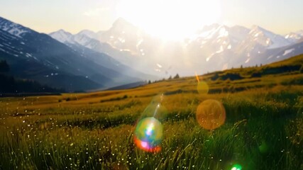 Wall Mural - The iridescent glow of morning light dances across the dewy grass creating a magical atmosphere in the alpine meadows.