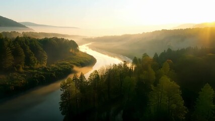 Sticker - As the sun rises the fog begins to dissipate revealing a breathtaking view of the winding river and surrounding nature.