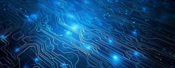 Poster - An electronic circuit board on a blue engineering technology concept modern panorama background
