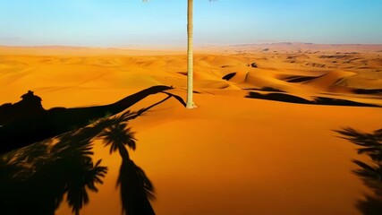 Canvas Print - The contrast of emerald green palm trees against the orange sand creates a striking visual of a desert oasis at noon.