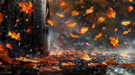 Spritzing water and falling leaves on a car tire