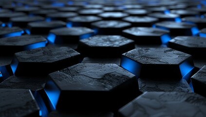 Poster - Dark grey hexagonal grid with blue light. Copy space for text or logo. Contemporary, futuristic, cyber abstract background.