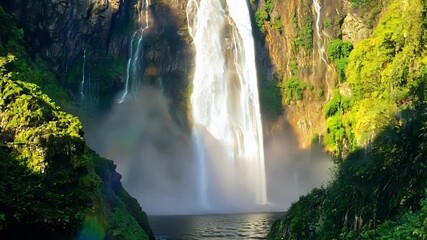 Poster - As the bright noon sun beats down on the tropical rainforest a vibrant rainbow is formed by the misty spray of a stunning waterfall. The peaceful sound of rushing water creates a