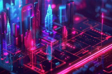 Poster - In a cyber punk theme color in a metaverse technology, a futuristic hologram city is displayed.