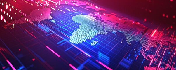 Poster - Design for the interface with a futuristic background featuring a planet Earth, a world map, and technographic elements and effects.
