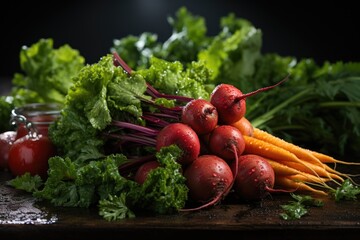 Wall Mural - Carrots and beet background with copy space, generative IA