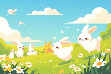 Poster - A group of fluffy bunnies hopping through a meadow