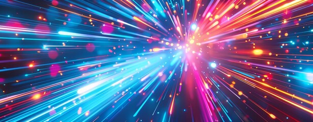 Wall Mural - An abstract image of speed motion on the road with a grey abstract background. Blue background with ultraviolet neon glow, blurry light lines, waves. Abstract image with glitter light fire flares.