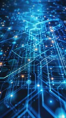 Poster - Artificial neurons, global data connections - Stock image of an abstract quantum computing system with an Internet grid and connected particles.