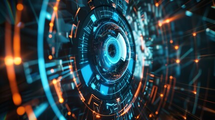 Poster - Modern robot eyes on a background of a blue eye cyber security concept. Motion blur of the pixel eyeball, a modern technology concept.
