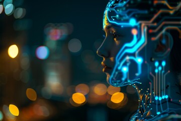 Poster - The image shows a generative AI collage of a business woman using modern technology to organize her personal information