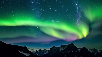 Poster - Set against a starry sky the Northern lights above the mountains create a peaceful and enchanting atmosphere a true spectacle of nature.