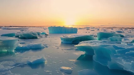 Canvas Print - A tranquil dawn breaks over a frosty landscape with jagged icebergs reflecting the warm colors of the sunrise.