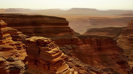 Sticker - Cinematic sweep of a rocky desert vista revealing the intricate layering and textures of the rocky terrain.