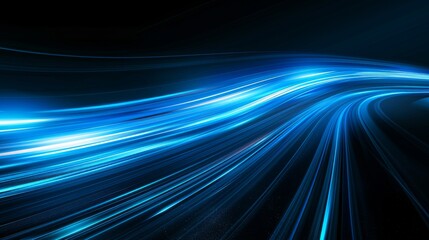 Poster - The water reflects blue neon light rays on a dark futuristic background