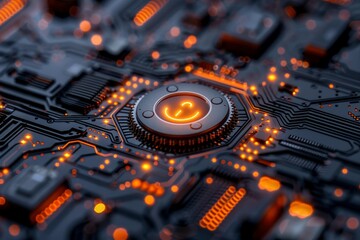 Poster - cybersecurity concept with padlock on motherboard