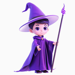 Cartoon Boy in Purple Wizard Robe Holding Staff