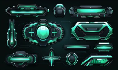 Poster - UI elements designed with green color frames and hologram window on black background with green user interface elements.