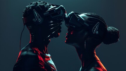 Poster - Young girls and boys wearing virtual reality glasses in cyber space isolated on a Christmas winter background, Girls in VR glasses.