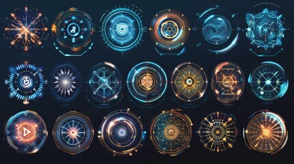 Poster - Abstract circles, geometric shapes, advanced technology, stocks, cyber security, digital technology on blue background.