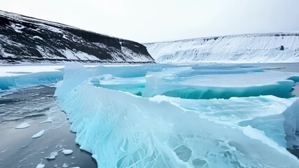 Wall Mural - Against a backdrop of snowcovered cliffs the frozen waves add a surreal touch to the wintry scene.