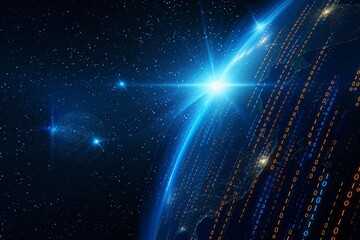 Poster - An earth planet with futuristic technology and mega-cities, holograms and glow against a space background, and globalization and urbanization concept.