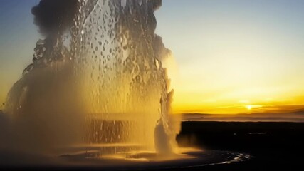 Wall Mural - The golden light of the sunrise cascading over a geyser creating a beautiful contrast against the dark sky.