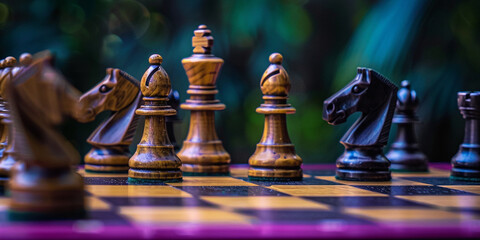 Chess pieces on a chessboard on a black and color background. Concept banner template for backgrounds, business concept, international chess day with place for text