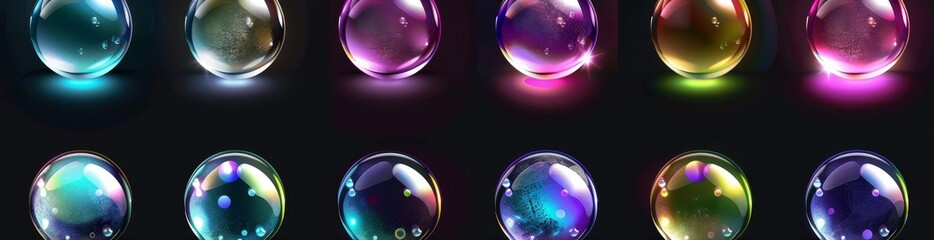 Poster - The transparent glass disk, product podium, or mirror with the iridescent gradient texture is rendered on a dark background, surrounded by a 3D crystal glass plate.