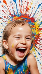 Poster - portrait of a child with painted face, happy kid laughing