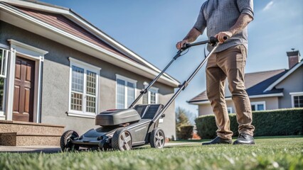 Low angle of a man pruning horticulture or hedge lawnmower machine cutting or trimming grass outdoors in his backyard on a sunny summer or spring day. House maintenance work or hobby, leisure activity