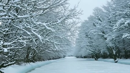 Poster - Footage of winter trees lining the sides of the frozen river their branches dusted with a light layer of frost.