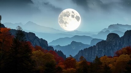 Poster - The glowing moon rises over the mountain peaks casting its pale light on the shimmering autumn leaves below.