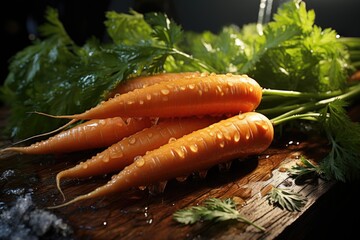 Raw carrot vegetable on the wooden board, generative IA