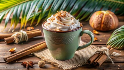 Rich and creamy hot chocolate topped with whipped cream and toasted coconut flakes, garnished with a sprinkle of cinnamon, in a tropical-themed mug.