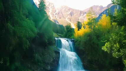 Canvas Print - In the heart of the mountains a secret path leads to a hidden waterfall down into a crystal clear pool fed by a majestic mountain stream that sparkles in the afternoon light.