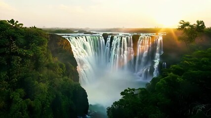 Poster - A cinematic journey through a tropical haven as the camera gradually reveals the breathtaking sight of multiple waterfalls at sunrise.