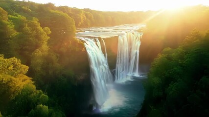 Poster - Beams of light pierce through the dense foliage as the camera glides over a series of majestic waterfalls at sunrise.