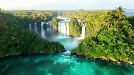 Poster - The ultimate tropical paradise captured from above as the camera glides over crystal clear waters and cascading waterfalls.