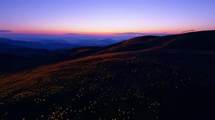 Poster - A magical twilight flight over endless rolling hills of the alpine meadows where the wildflowers seem to glow in the dimming light.
