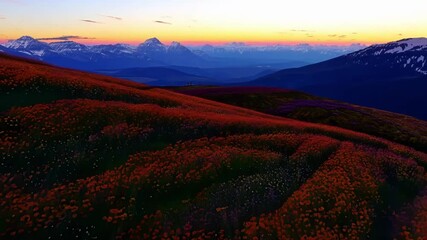 Canvas Print - A mesmerizing aerial view of alpine meadows ablaze with wildflowers as the light of the sun fades into dusk.