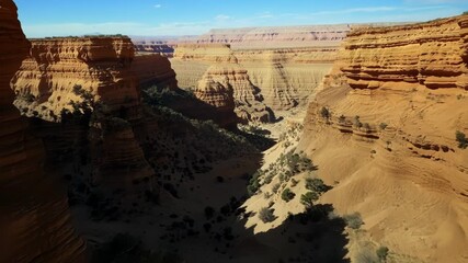 Poster - Gliding over the rugged desert terrain with towering cliffs looming in the distance.