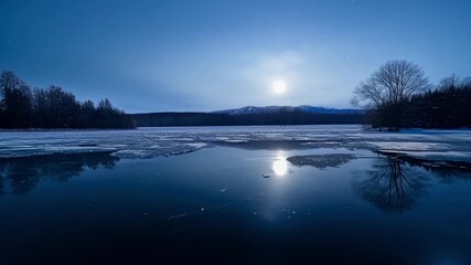 Poster - A peaceful and serene panorama of a frozen lake at night made even more ethereal by the moons soft glow.