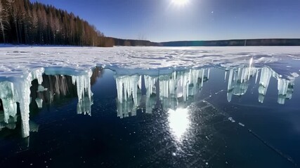 Poster - The enchanting sight of a frozen lake with icicles hanging off its edges illuminated by the moons silver light.